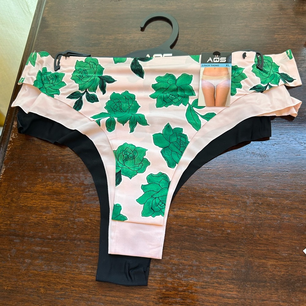 AQS XL Pink & Green Floral 3 Pack Thong Panties Underwear Black NWT